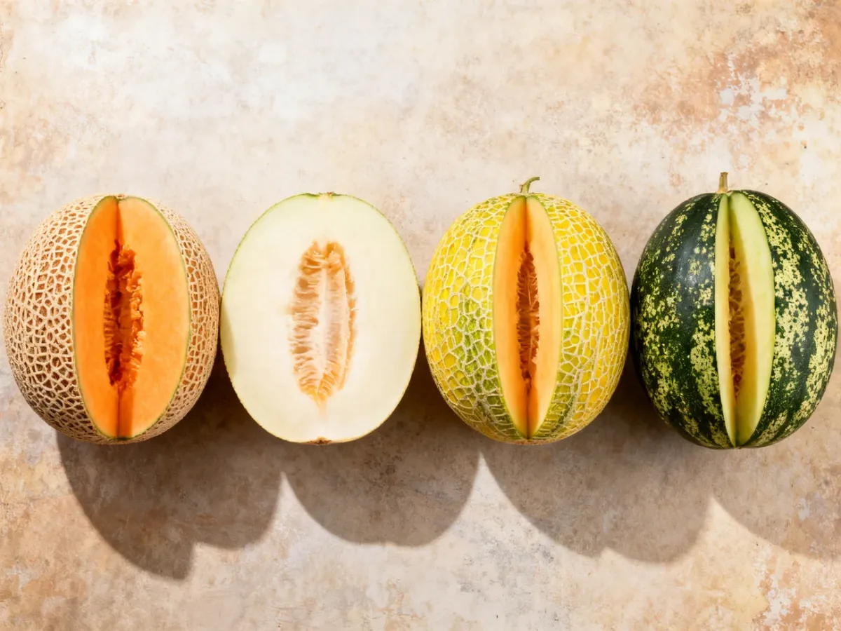 Cztery odmiany melonów pokazane w całości i po przekrojeniu