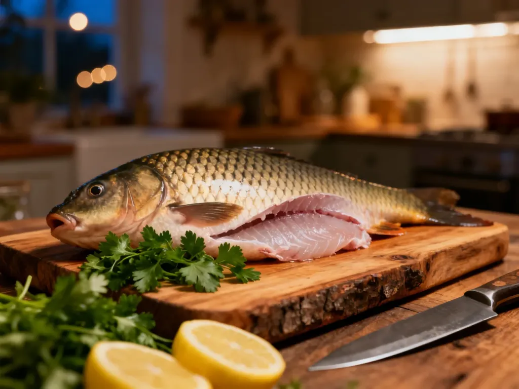 Surowy filet z karpia z ziołami i cytryną na drewnianej desce, przygotowany do smażenia w domowej kuchni.