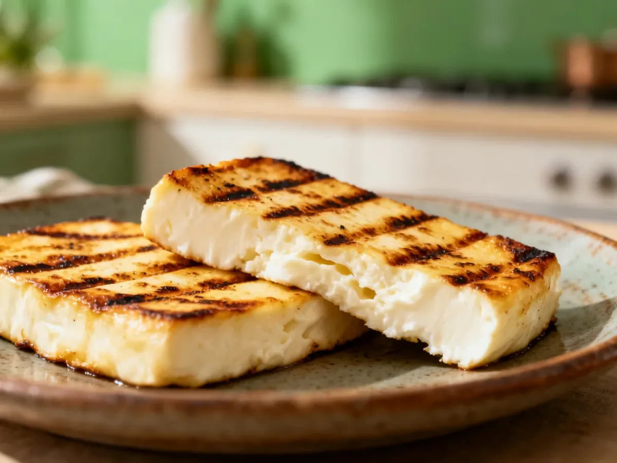 Złociste plastry grillowanego sera halloumi na talerzu