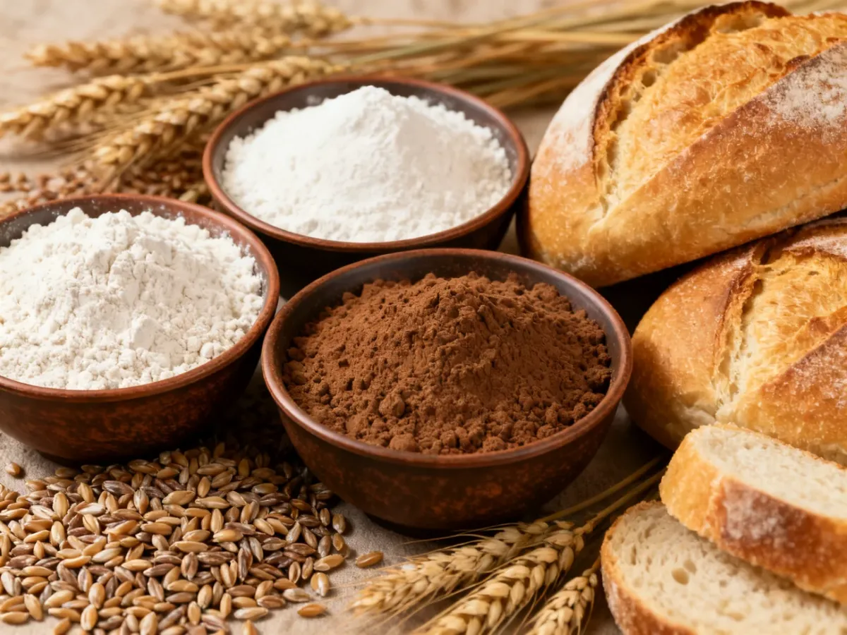 Różne rodzaje mąki obok ziaren zbóż i świeżego pieczywa