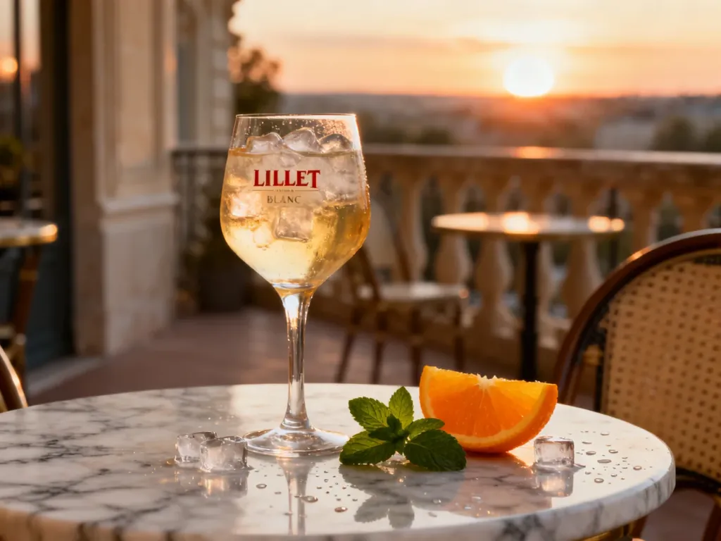Elegancki kieliszek Lillet Blanc z lodem, pomarańczą i miętą na marmurowym stoliku w klimacie francuskiego tarasu.