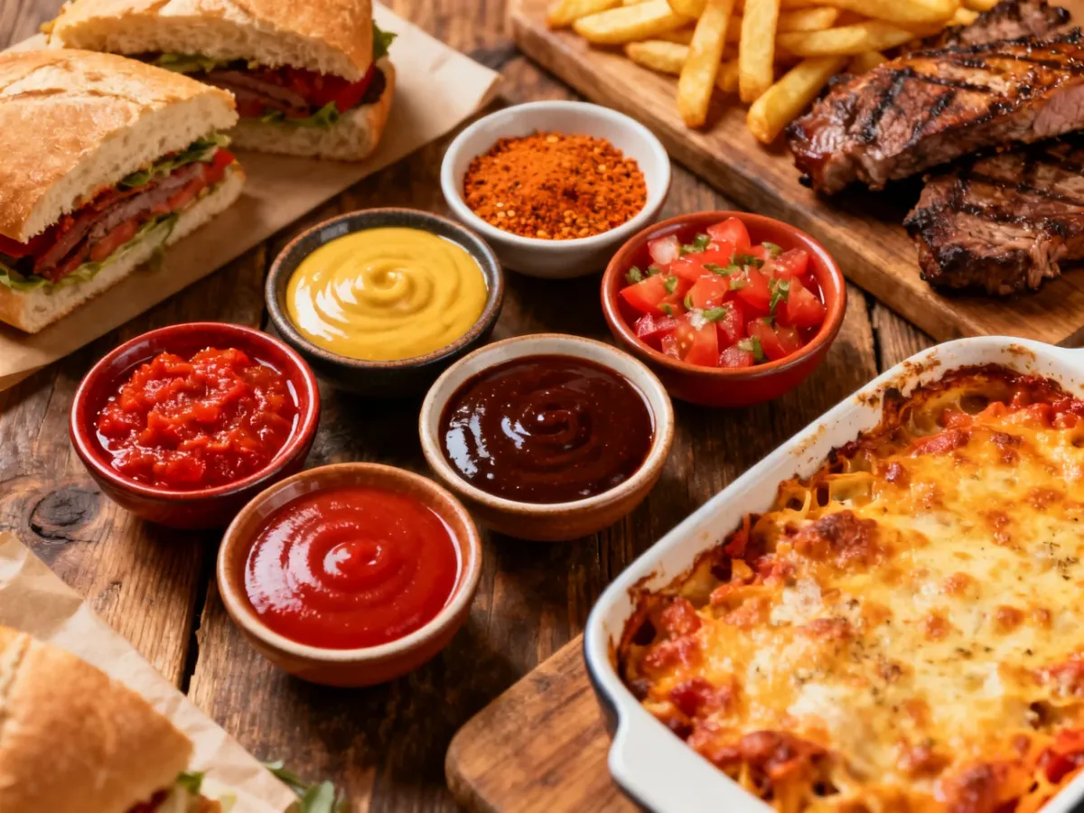 Różne zamienniki ketchupu podane obok kanapek, mięsa, frytek i zapiekanki