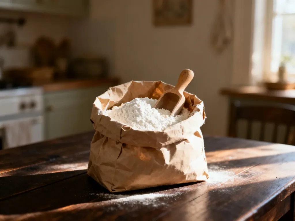 Otwarta papierowa torebka z mąką i drewniana miarka na kuchennym stole w przytulnym, rustykalnym wnętrzu.