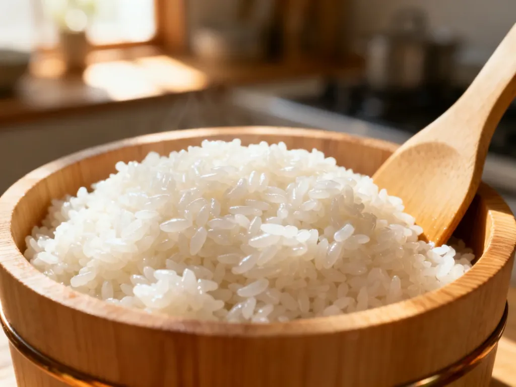 Ugotowany, lśniący ryż do sushi w tradycyjnej drewnianej misce hangiri z łopatką do mieszania.