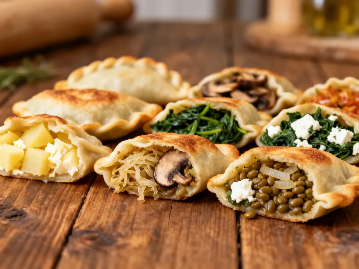 Różnorodne wytrawne pierogi podane na drewnianym stole