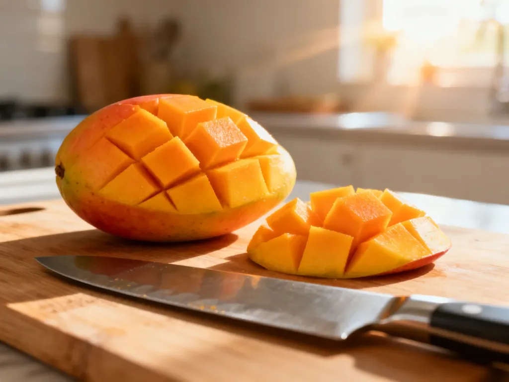 Soczyste mango pokrojone w kostkę na drewnianej desce obok noża kuchennego, gotowe do podania.