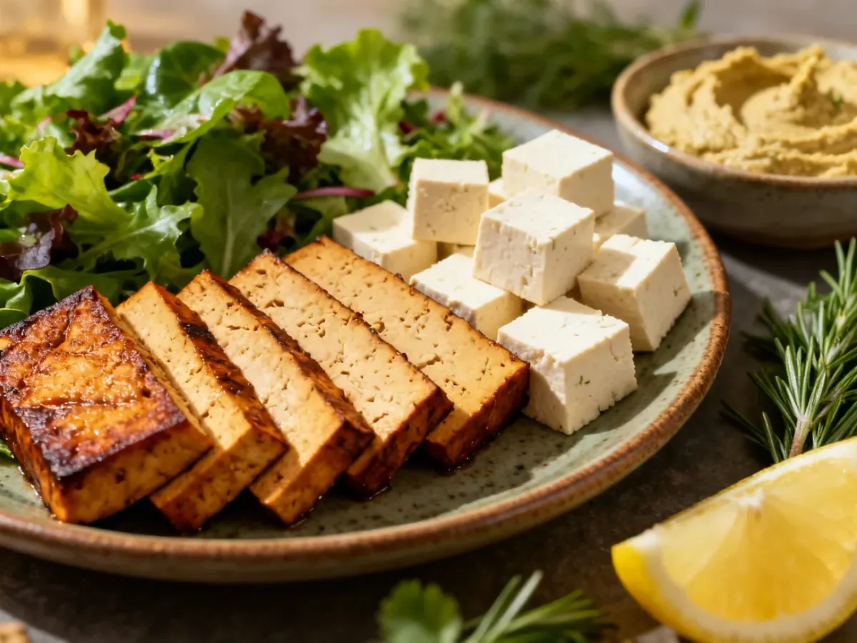 Wędzone i naturalne tofu podane z sałatą, hummusem i cytryną