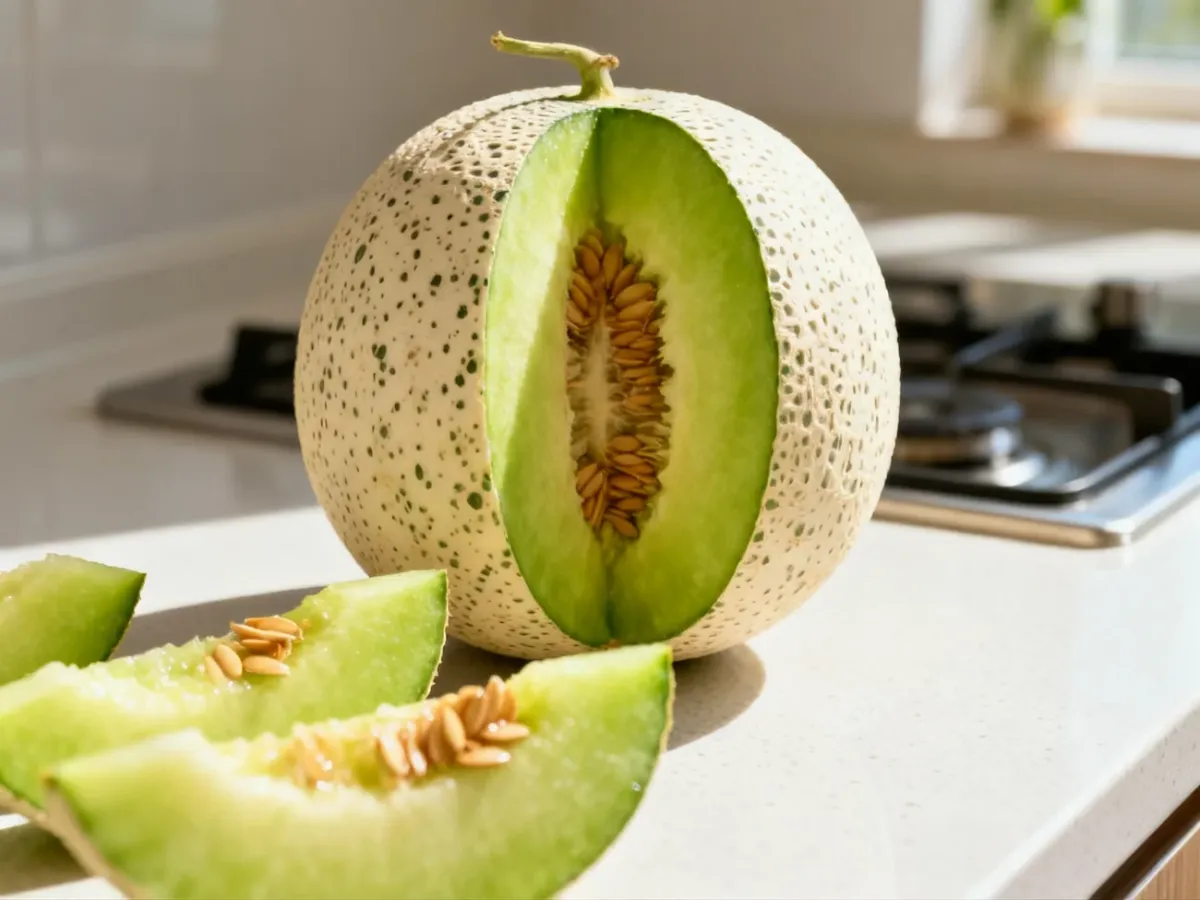 Przekrojony melon Little Planet z kremową cętkowaną skórką i zielonym miąższem
