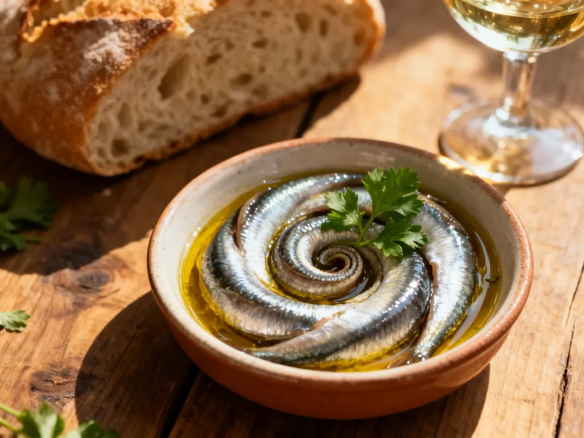 Miseczka z lśniącymi filetami anchois w oliwie i natką pietruszki, podana z chrupiącym chlebem i białym winem.