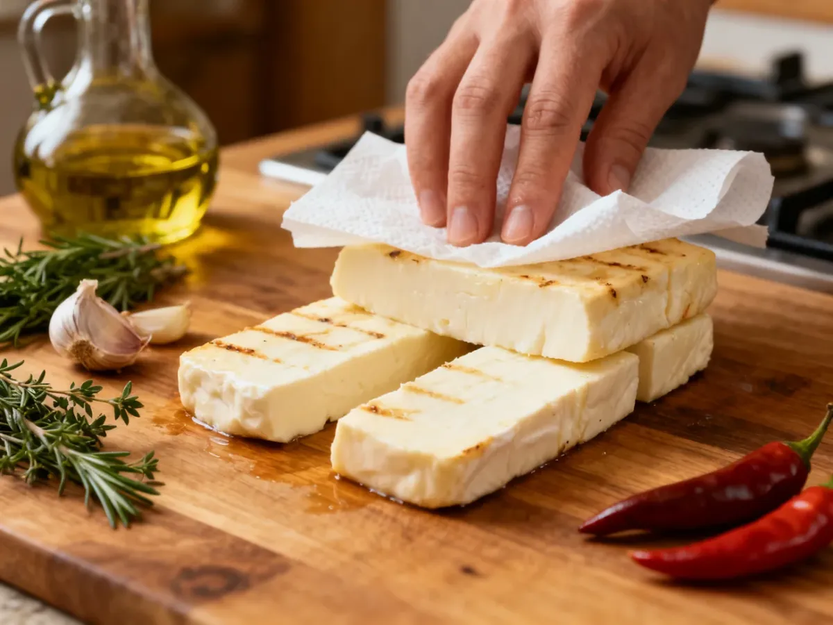 Plastry halloumi osuszane przed smażeniem z dodatkami do marynaty