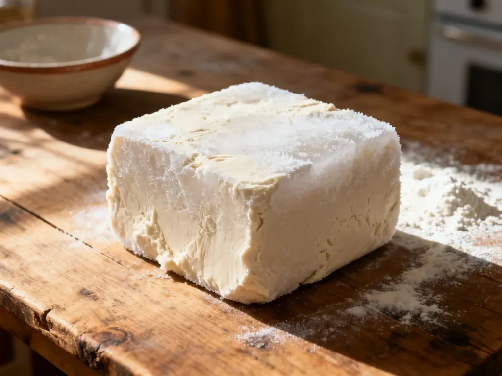 Zamrożona kostka świeżych drożdży leżąca na drewnianym blacie kuchennym w promieniach porannego słońca.