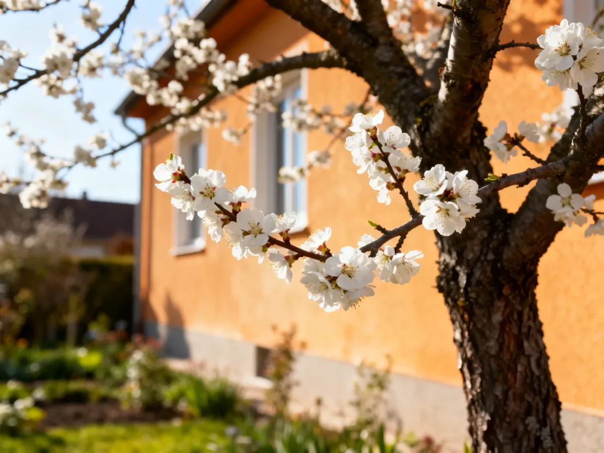 Kwitnąca morela przy nasłonecznionej południowej ścianie domu