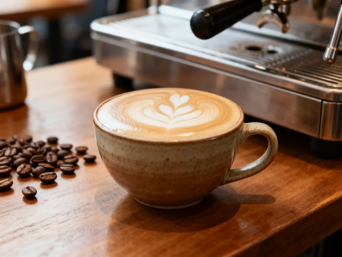 Flat white z aksamitną mikropianką na drewnianym stoliku w kawiarni