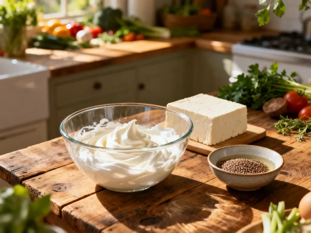 Różnorodne wegańskie zamienniki jajek, takie jak aquafaba, siemię lniane i tofu, ułożone na rustykalnym drewnianym stole.