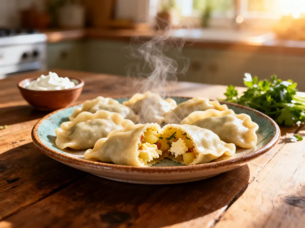 Talerz świeżo ugotowanych pierogów z farszem ziemniaczano-serowym na drewnianym stole w przytulnej kuchni.