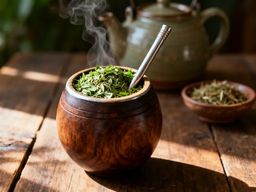 Tradycyjne naczynie z yerba mate i metalowa bombilla na drewnianym stole w promieniach słońca.