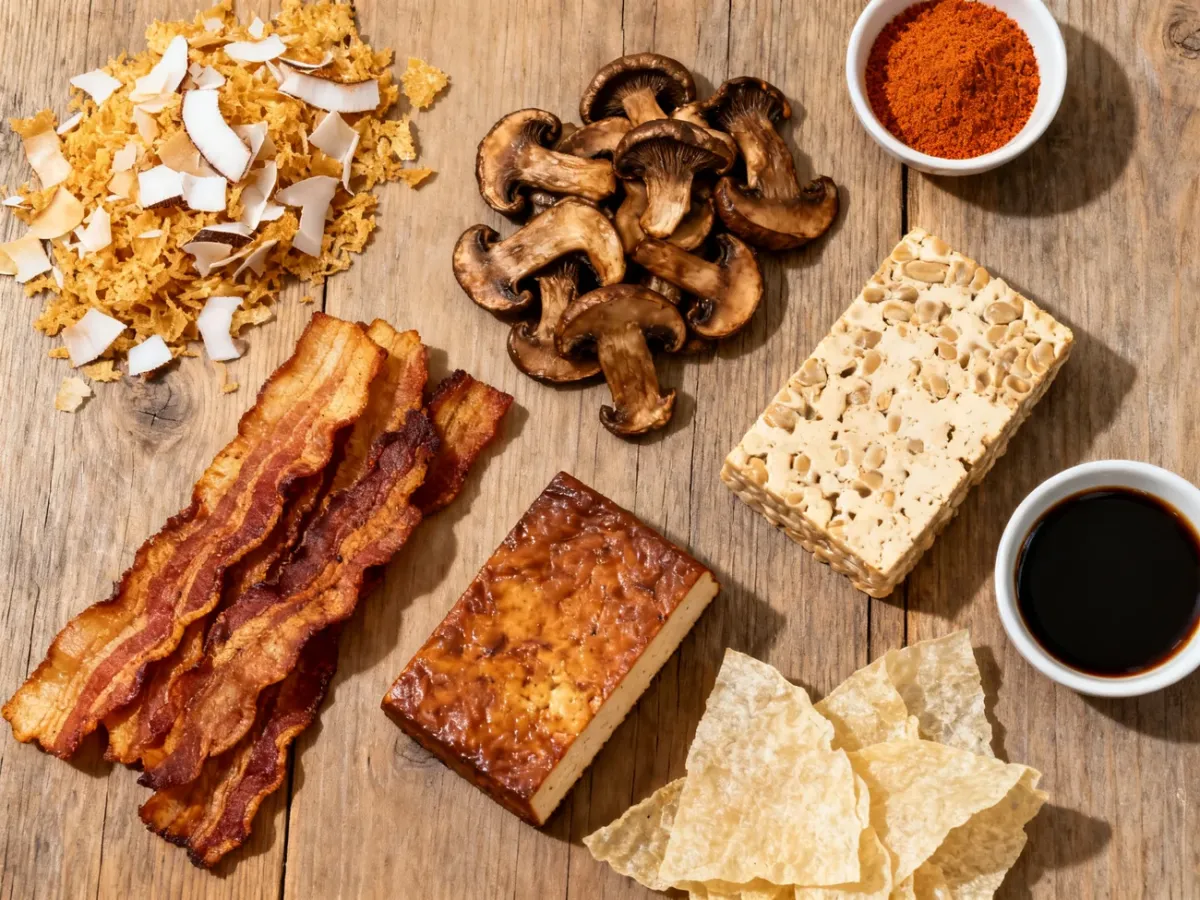 Różne roślinne zamienniki bekonu: kokos, boczniaki, tofu, tempeh i papier ryżowy