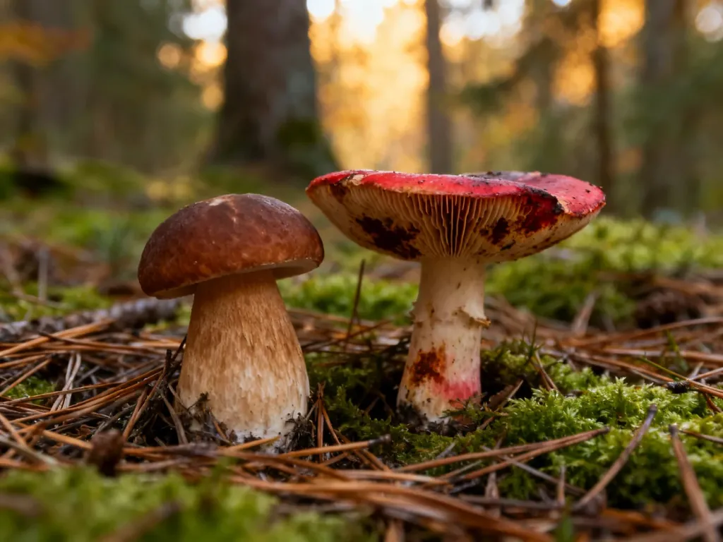 Porównanie jadalnego maślaka z podobnym gatunkiem niejadalnym na leśnym podłożu. Widoczne różnice w wyglądzie kapeluszy i porów.