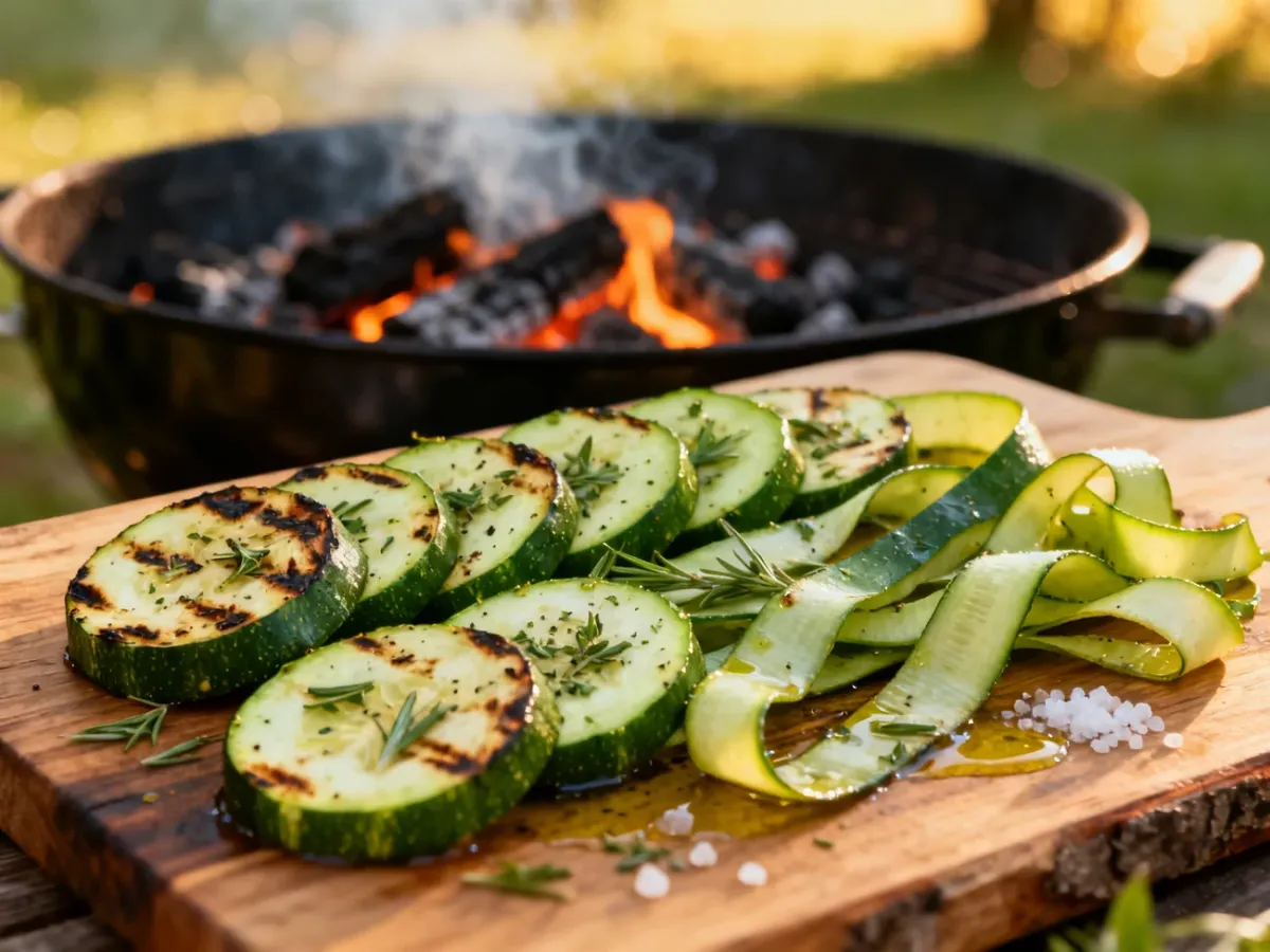 Plastry i wstążki świeżej cukinii z ziołami na drewnianej desce, przygotowane do grillowania na tle rozżarzonego grilla.