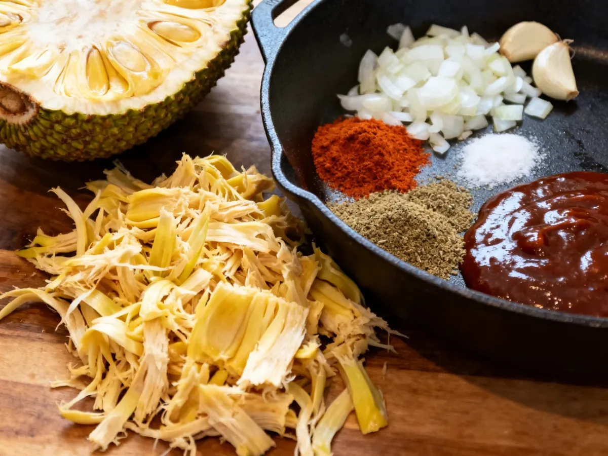 Młody jackfruit w solance rozdrobniony na włókna obok patelni z przyprawami