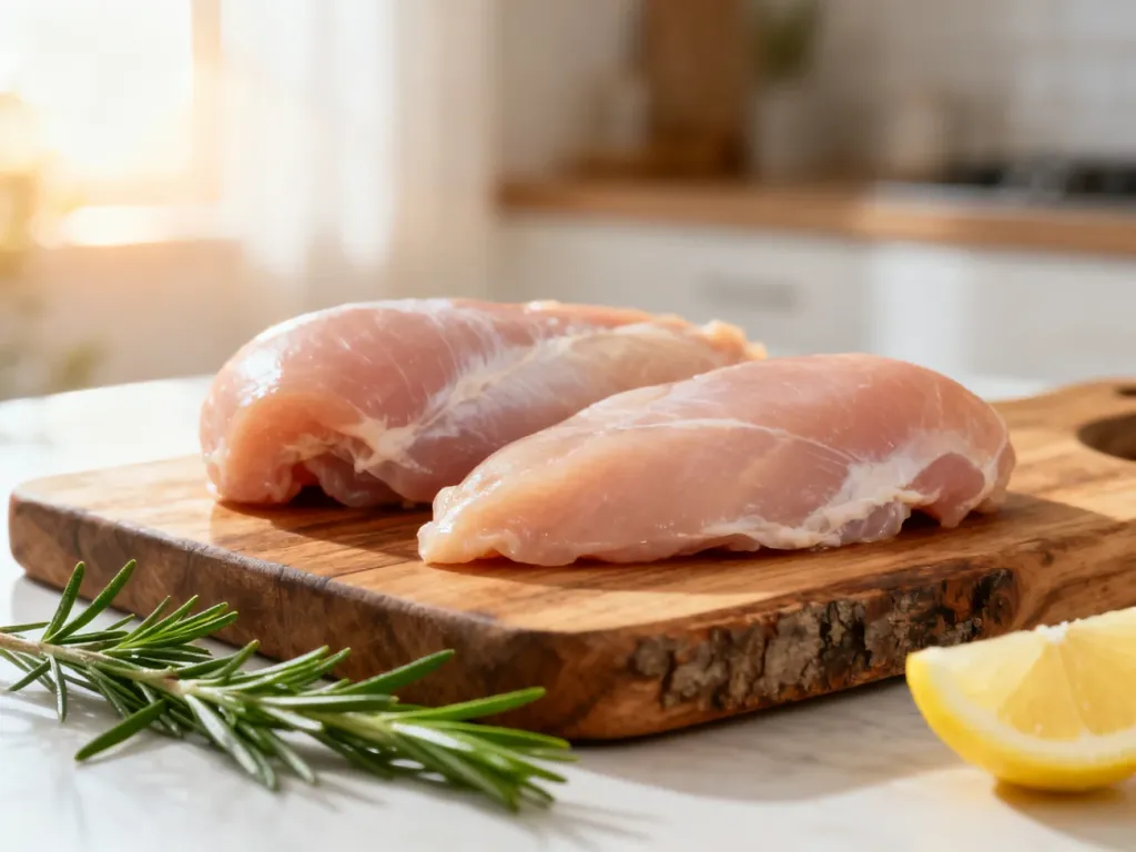 Surowa pierś z kurczaka na drewnianej desce z rozmarynem i cytryną, ilustrująca świeży produkt w kuchni.