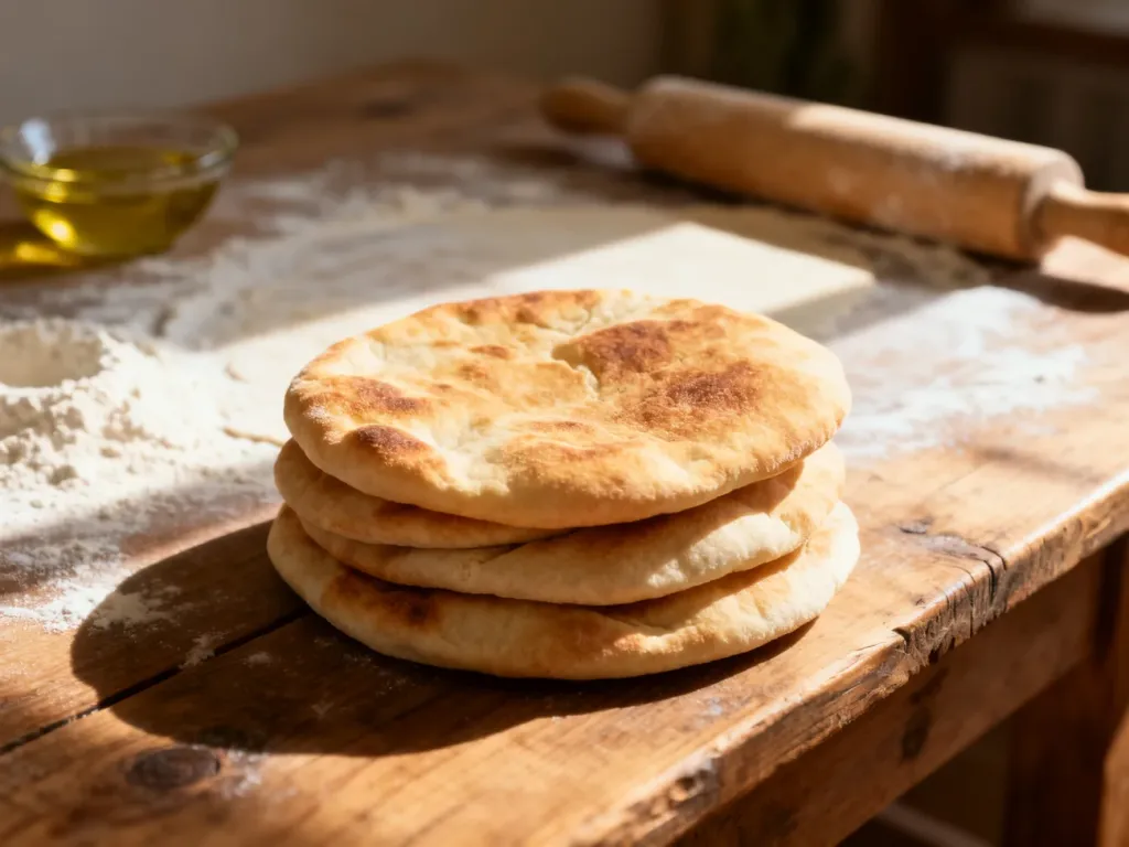 Stos świeżo upieczonych, złotych chlebków pita na rustykalnym drewnianym stole w kuchni.