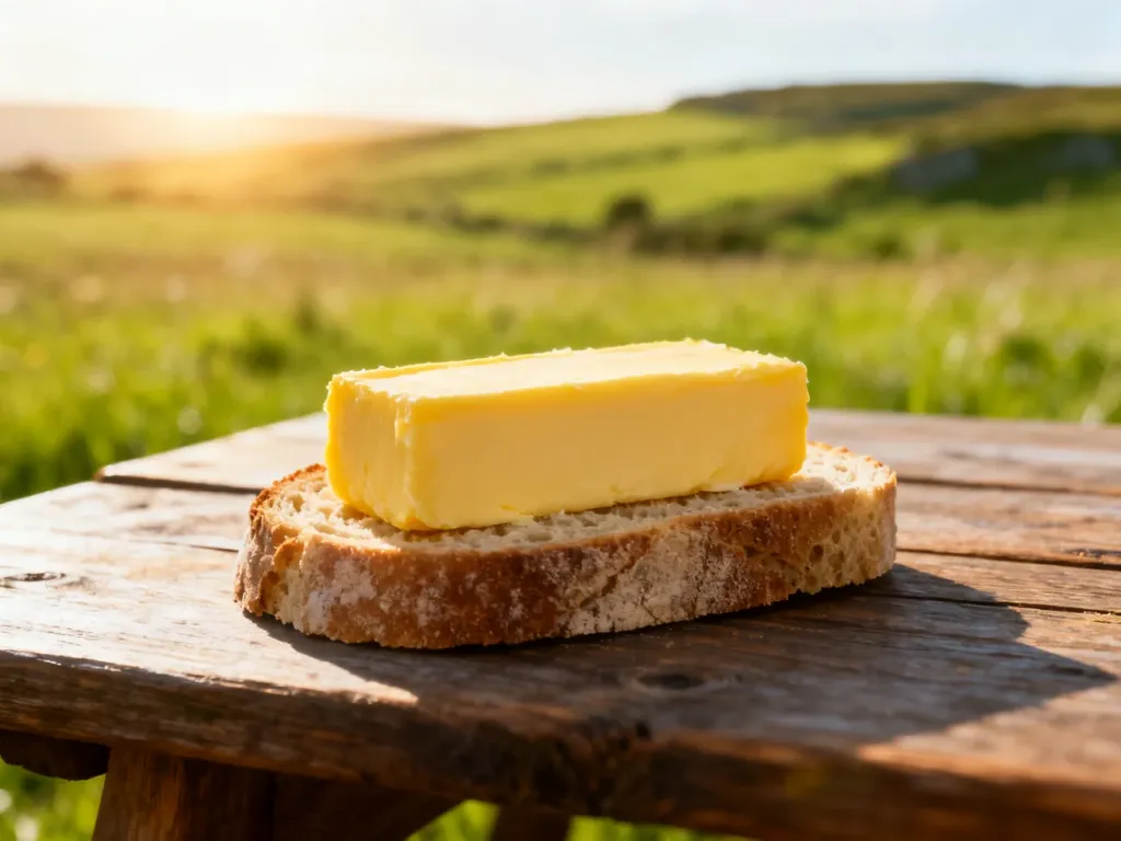 Kromka chrupiącego chleba z grubą warstwą złocistego masła na tle zielonej irlandzkiej łąki.