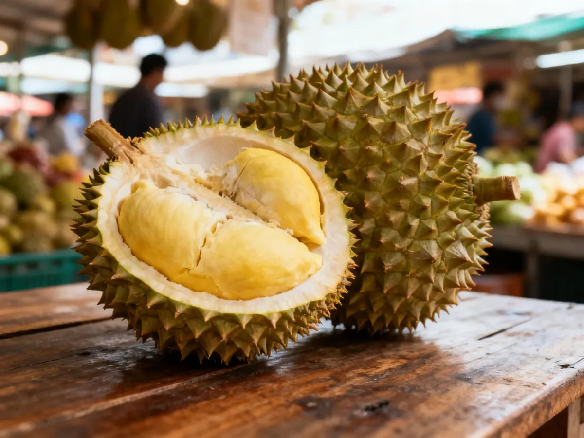 Przekrojony durian z kremowym, jasnożółtym miąższem