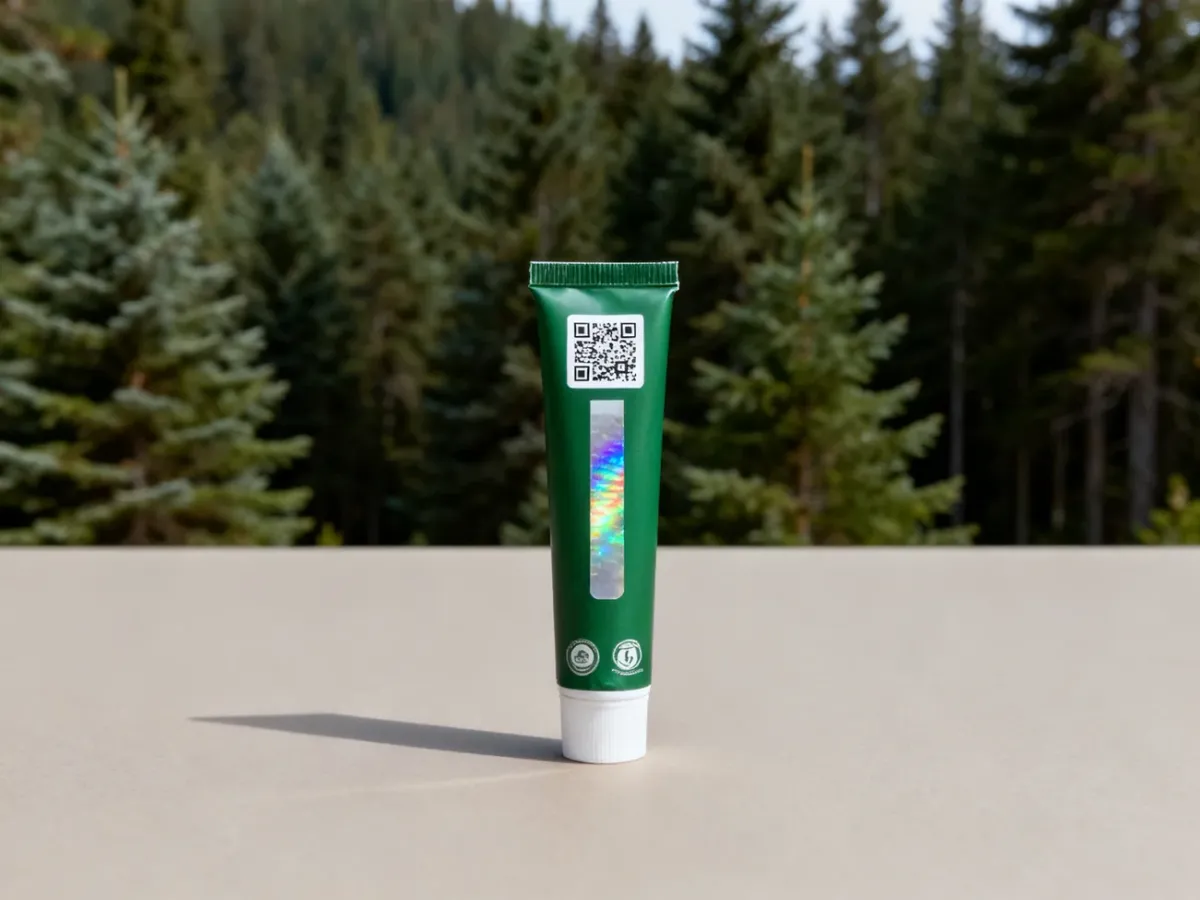 Zielone cylindryczne opakowanie pasty z szyszek sosny z kodem QR i hologramem