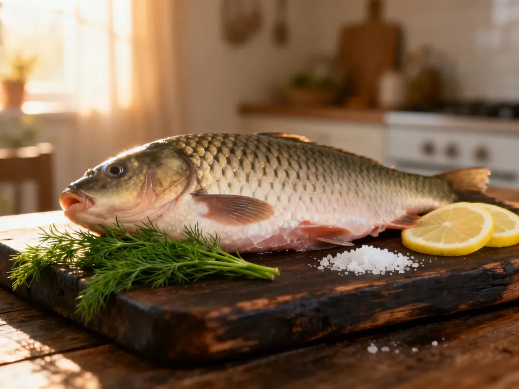 Surowy filet z amura na drewnianej desce, przygotowany do przyprawienia koperkiem, cytryną i solą.