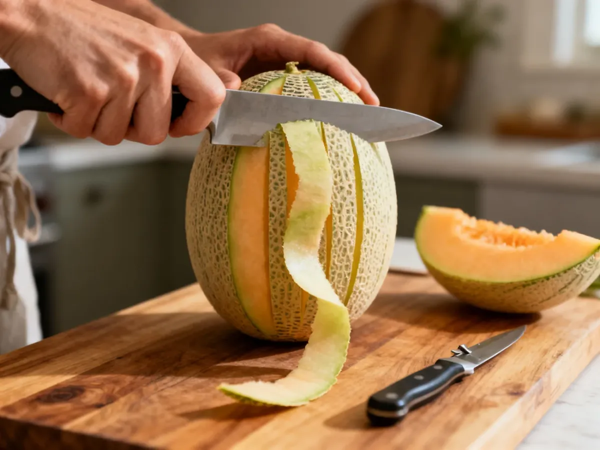 Obieranie pionowo ustawionego melona na desce do krojenia