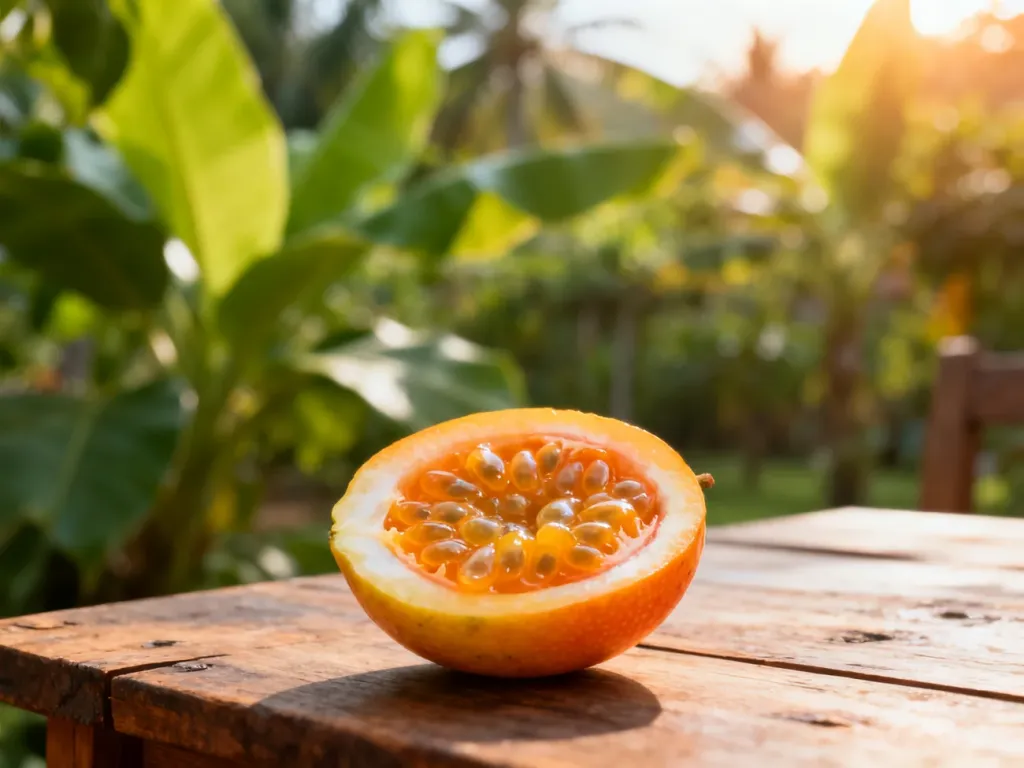 Przekrojona granadilla z widocznym miąższem i nasionami na drewnianym stole w otoczeniu tropikalnej roślinności.