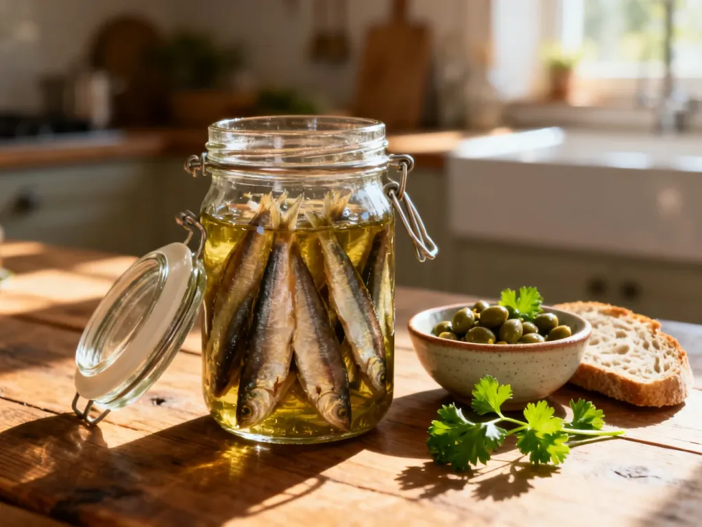 Słoik z filetami anchois w oliwie, kapary i świeże pieczywo na drewnianym stole w kuchni.