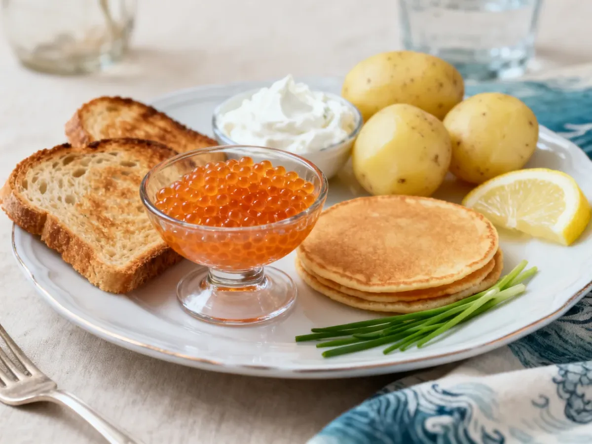 Kawior podany z blinami, crème fraîche, ziemniakami i pieczywem