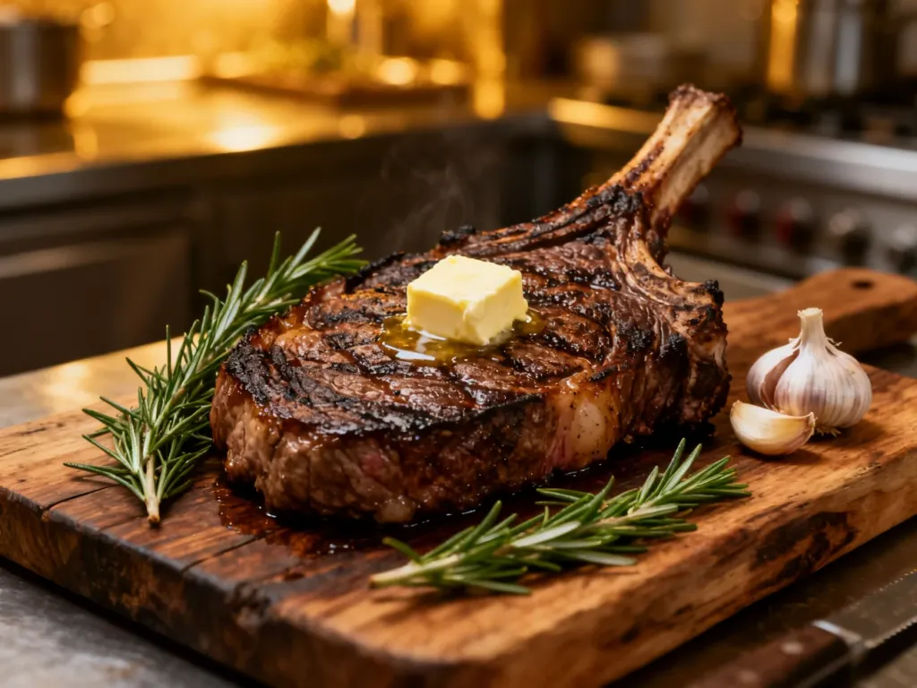 Soczysty stek ribeye z chrupiącą skórką, masłem i ziołami na drewnianej desce, gotowy do serwowania.