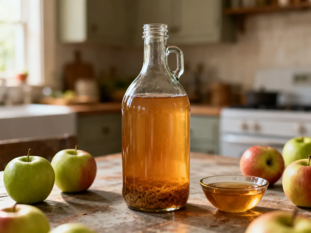 Butelka niefiltrowanego octu jabłkowego z naturalnym osadem, obok świeżych jabłek
