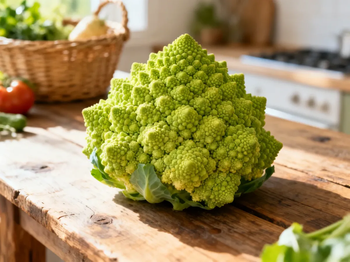 Świeży kalafior romanesco o charakterystycznej spiralnej strukturze na drewnianym stole w kuchni.