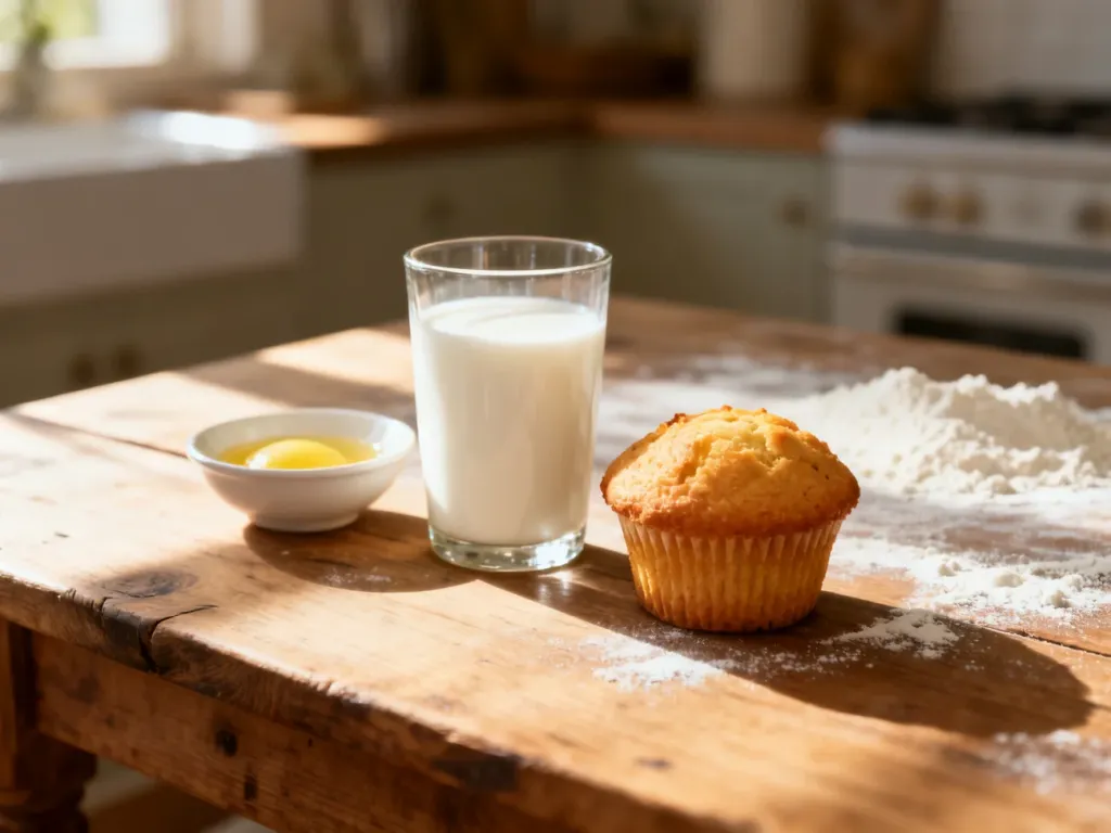 Szklanka mleka z cytryną obok świeżo upieczonej muffinki na drewnianym stole, ilustrująca domowy sposób na zamiennik maślanki.