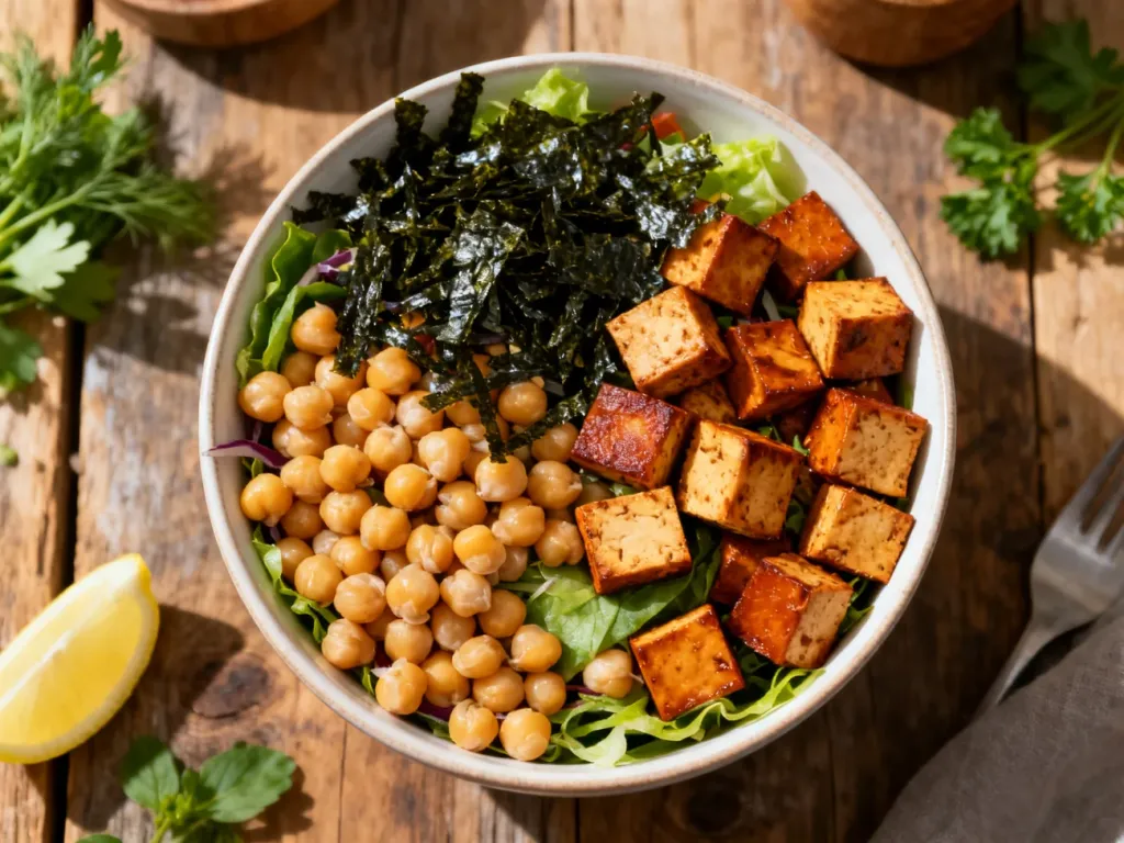 Kolorowa sałatka z ciecierzycą, wędzonym tofu i nori, stanowiąca roślinną alternatywę dla tuńczyka.