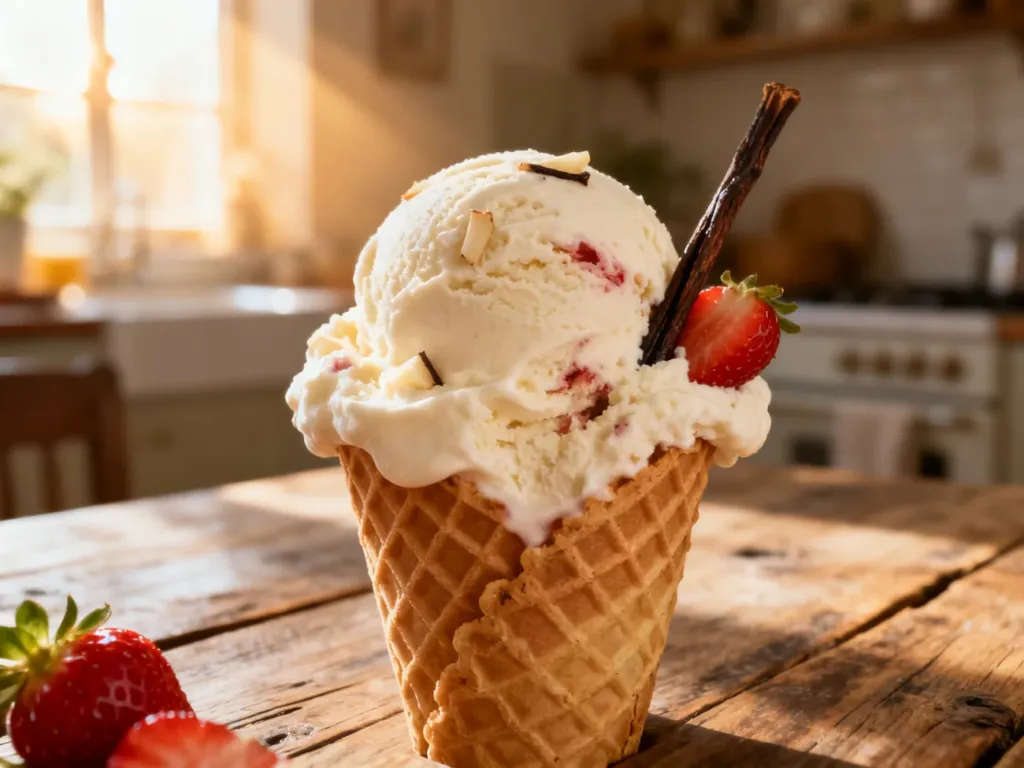 Gałka tradycyjnych lodów rzemieślniczych z wanilią i truskawkami w wafelku, podkreślająca naturalny skład produktu.