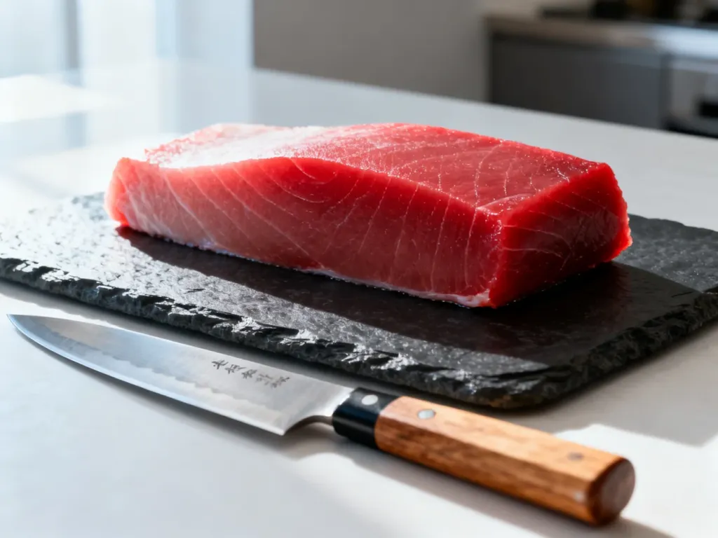 Świeży filet z tuńczyka na kamiennej desce obok profesjonalnego noża sushi, gotowy do przygotowania.
