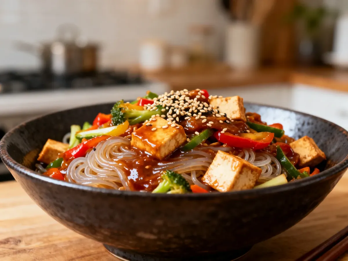 Makaron konjac z warzywami, tofu i gęstym aromatycznym sosem