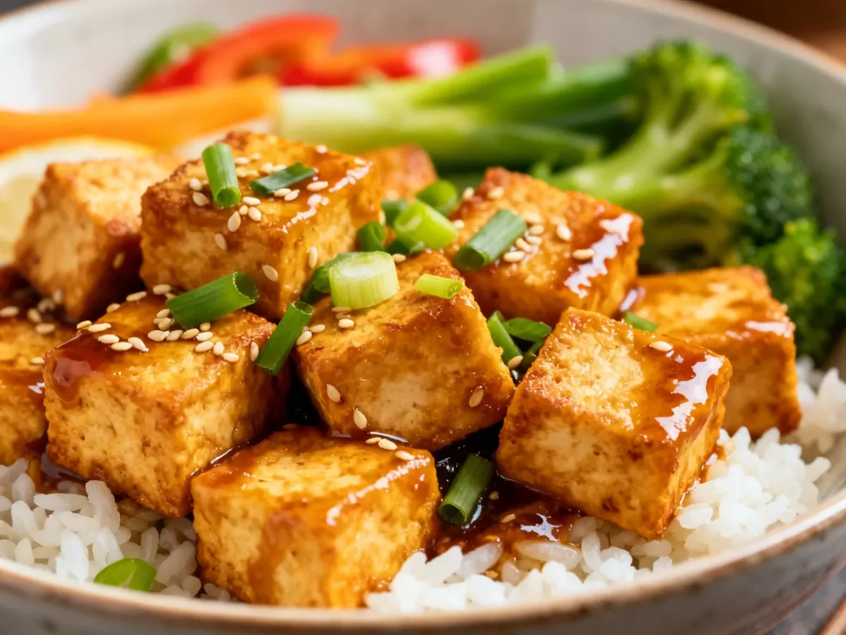 Chrupiące kostki tofu w błyszczącym sosie sojowym podane z ryżem i warzywami