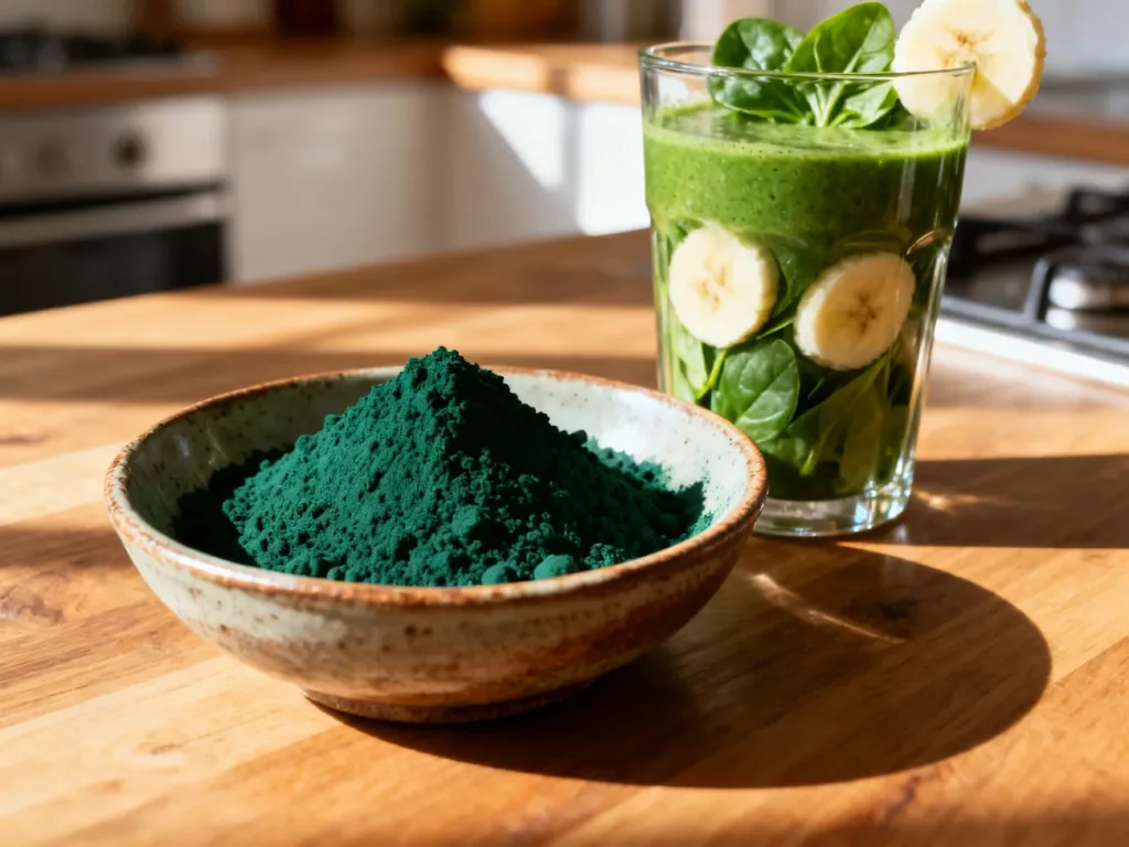 Szmaragdowy proszek spiruliny w ceramicznej miseczce obok zielonego koktajlu na drewnianym stole.