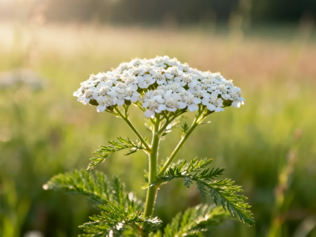 Zbliżenie na kwitnący krwawnik pospolity z białymi kwiatostanami i pierzastymi liśćmi w promieniach porannego słońca.