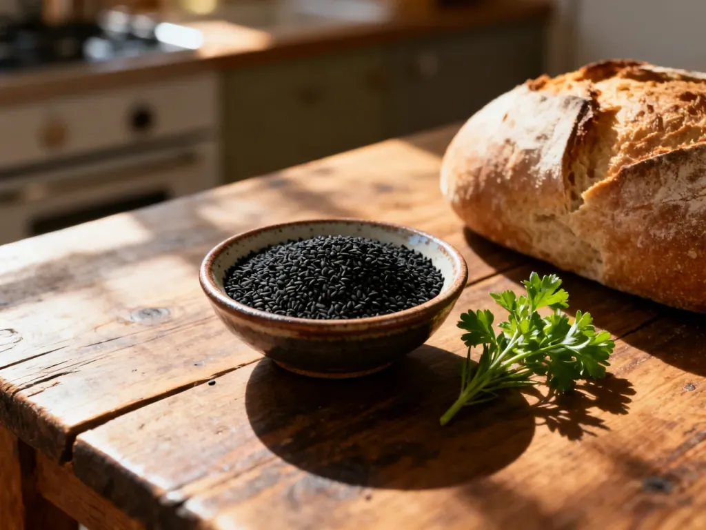 Miska z nasionami czarnuszki obok świeżego pieczywa i ziół na drewnianym stole w promieniach porannego słońca.