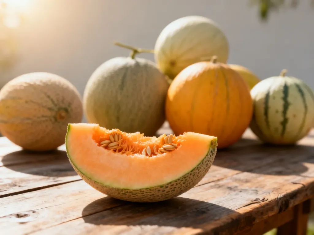 Przekrojony melon kantalupa z soczystym miąższem oraz różne odmiany całych melonów na drewnianym stole.