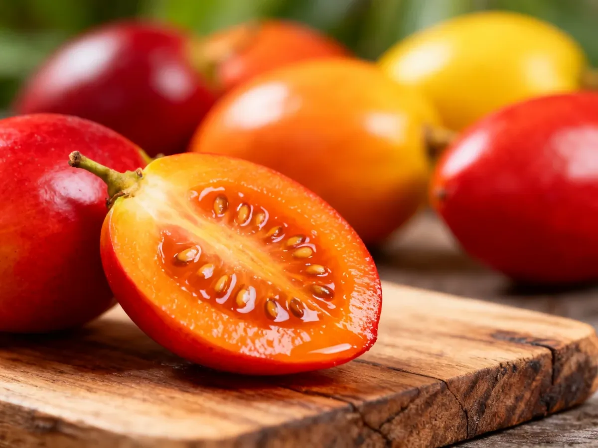 Przekrojone tamarillo ukazujące soczysty miąższ i drobne pestki