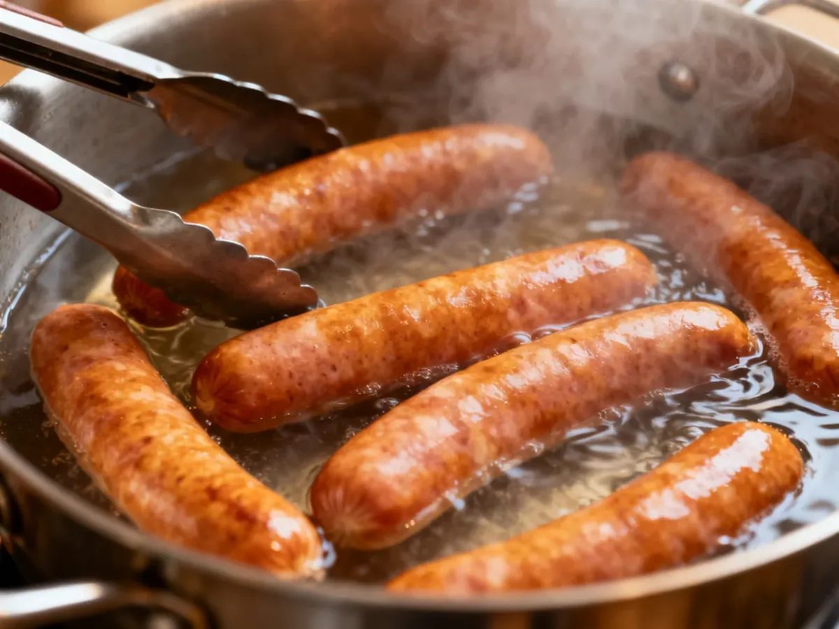 Frankfurterki delikatnie parzące się w gorącej, niewrzącej wodzie