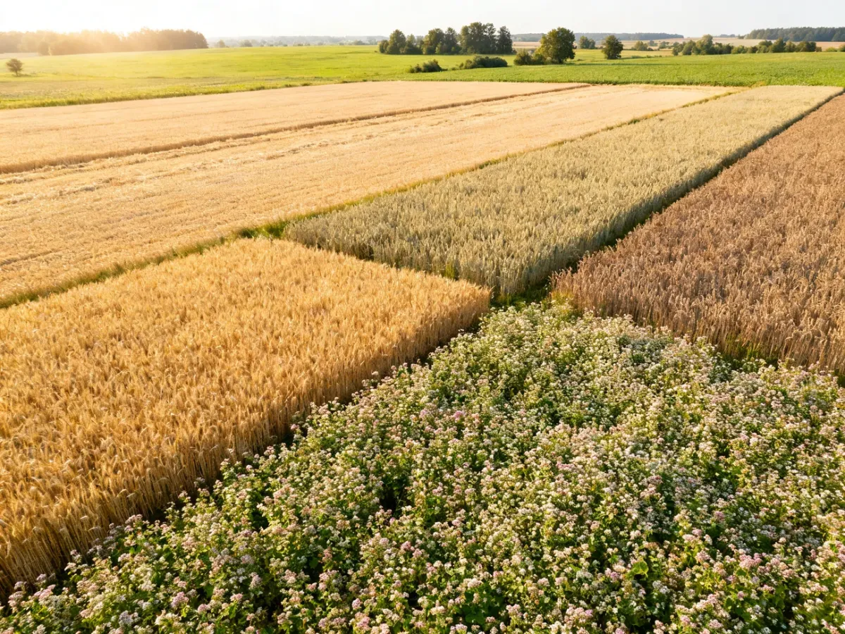 Panoramiczne pola różnych zbóż i gryki na polskiej wsi